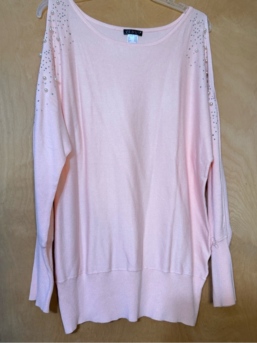 VENUS Light Pink Off-Shoulder Sweater with Shoulder Embellishments